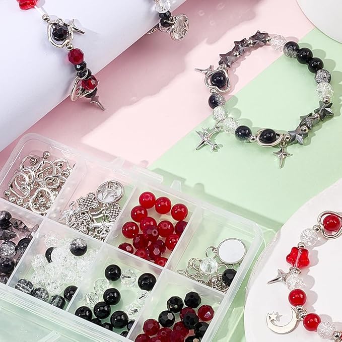 SUNNYCLUE 1 Box DIY 6 Sets Halloween Bracelets Kits Moon Star Charms Alloy Gothic Tibetan Style Black Red White Heart Stars Moon Charms for Jewelry Making Kits Women Festival Christmas Supplies DIY