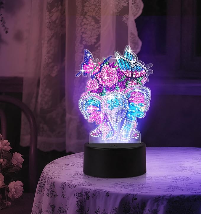 ALKALO Diamond Painting Night Light, Diamond Painting Kits For Adults Desktop Ornaments For Table Tabletop Decor Diamond Art Accessories For Adult Beginner Touch Lamp for Bedrooms Living Room-Elephant