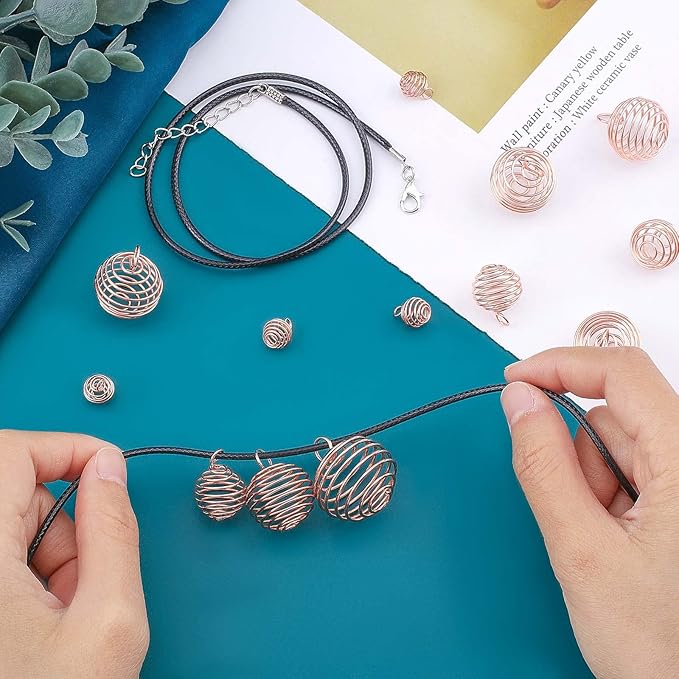 PH PandaHall 24pcs 4 Sizes Spiral Bead Cages Pendants Stone Holder Necklace Cage 24 Strands 17 Inch Black Leather Necklace Cord 50pcs 6mm Open Jump Ring Rock Tumbler Jewelry Making, Rose Gold
