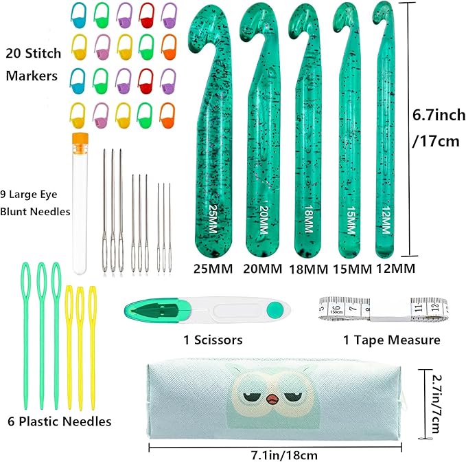 43 Pcs Large Crochet Hooks Set,12mm 15mm 18mm 20mm 25mm Large Crochet Hooks for Chunky Yarn,Plastic Crystal Smooth Big Crochet Needles for Handmade DIY Crochet with Storage Bag