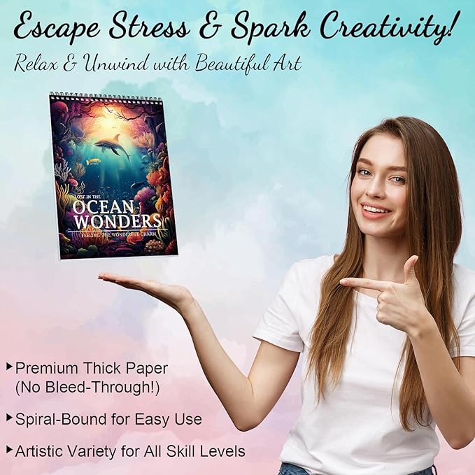 Ocean Coloring Books for Adult Coloring Book for Women Spiral Bound Page One Sided Design Gifts Arts and Crafts for Women to Relax, Anxiety and Depression 30 Colorful Coloring Pages of Ocean Wonders