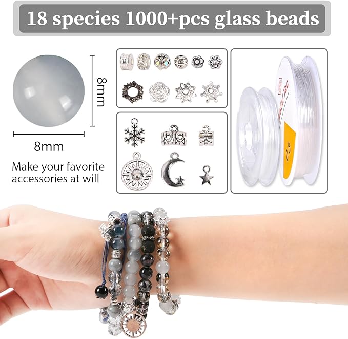 Tunmiok Glass Beads for Jewelry Making Kit with Metal Charms & Crystal String - Includes Spacers, Flower Holders - Bracelet kit, Necklace, Earring Set Supplies for Adults (Black)