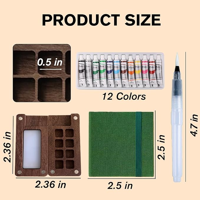 Aimery Mini Watercolor Paint Travel Set, Portable Small Miniature Pocket Water Color Painting Kit with Wooden Palette & Sketchbook(Pine Green)