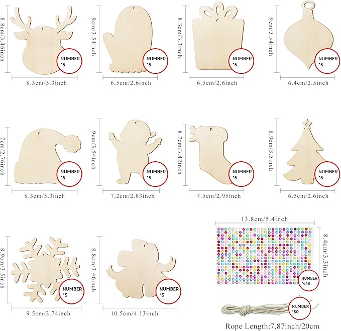 Hidreas 50 Pcs DIY Wooden Ornaments Christmas Wooden Ornaments Making Kit Christmas Crafts with Wax Rope and Rhinestone Stickers for Christmas Decoration and DIY Ornaments Making