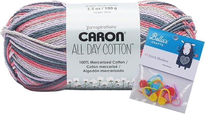 Caron All Day Cotton Yarn - 100g/3.5oz - 100% Mercerized Cotton - 173 Yards Bundle with Bella's Crafts Stitch Markers (Morning Air)
