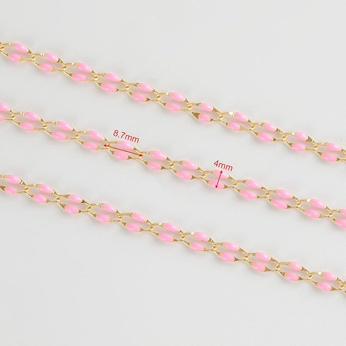 Pink Enamel Chain for Jewelry Making, 2 Meters Gold Plated Brass Cable Link Chain Roll with 30pcs Jump Rings and 10pcs Lobster Clasps