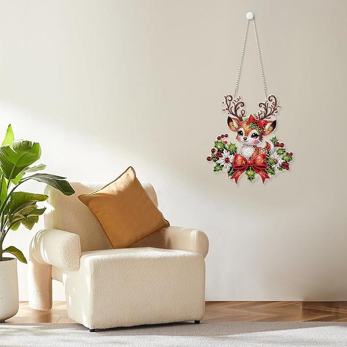 MOGTAA Christmas Diamond Art Hanging Kits for Adults Kids, Christmas Deer Diamond Art Suncatchers, 5D Special Shape Animal Diamond Painting Window Pendant Kit for Home Garden Wall Decor