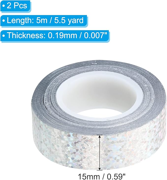 PATIKIL Glitter Sparkle Tape 15mm x 5m, 2 Pack Holographic Art Decorative Masking Tapes Self-Adhesive for DIY Scrapbook Art Craft Wrapping, Silver Tone
