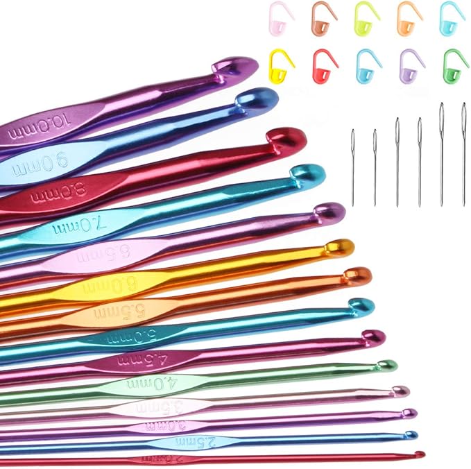 14 Sizes Crochet Hooks Set Multi-Color Metallic Plated, Tomorotec Art Aluminum Knitting Needles for Yarn Craft Set with Stitch Markers and Big Eye Needles