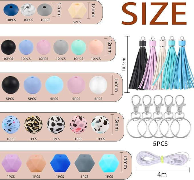 CZWZ 141pcs Silicone Beads for Keychain Making Kit 15mm 12mm Round 14mm Polygonal Silicone Loose Beads Bulk for Pens Bracelet Necklace Crafts Making