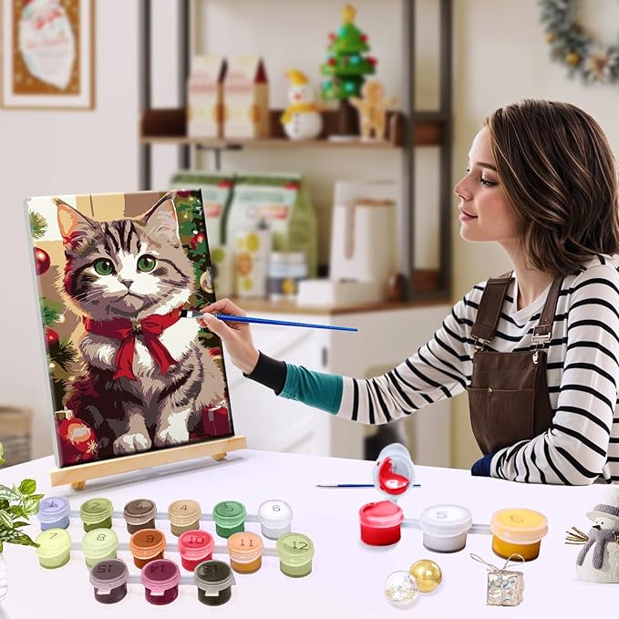 JOOZ Paint by Numbers Kit for Adults with Frame Christmas Cat Paint by Number with Easel Christmas Ball Adult Paint by Number Kits Framed DIY Oil Painting Kits for Gift Home Wall Decor 8x12 Inch
