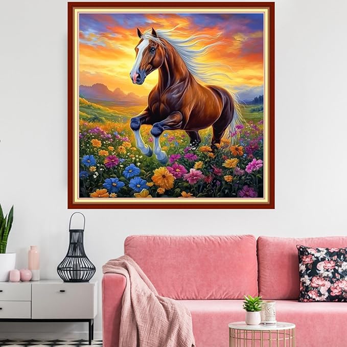 Redxing Stamped Cross Stitch Kits Embroidery kit for Beginners Adults Full Range of Embroidery Patterns Starter Kits DIY Printed Cross Stitch Kits Needlepoint Kits 11CT-Flowers and Horses 18x18 inchs