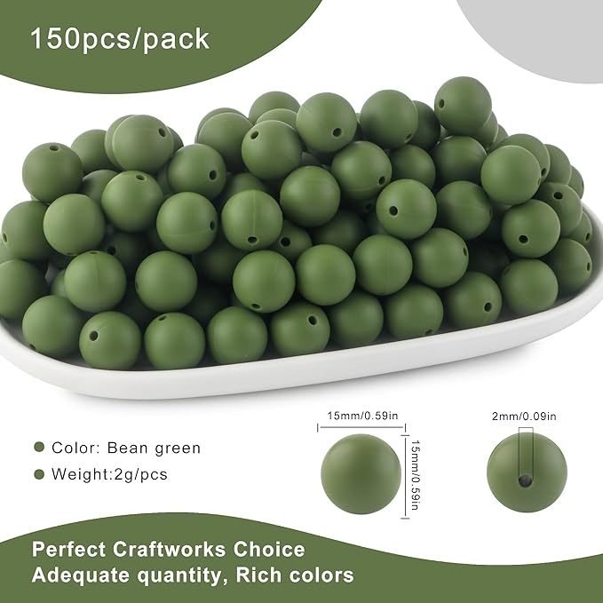 150Pcs 15mm Silicone Beads for Keychain Making Bracelet Necklace, Bulk Round Silicone Beads for Pens（Bean Green）