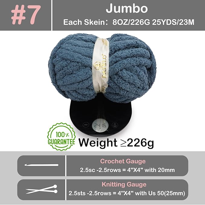 Chunky Yarn for Hand Knitting, Chunky Chenille Blanket Yarn for Crocheting, Bulky Soft Fluffy Chenille for Blanket Project, 8 Pack of 8oz/25yds, Denim Blue
