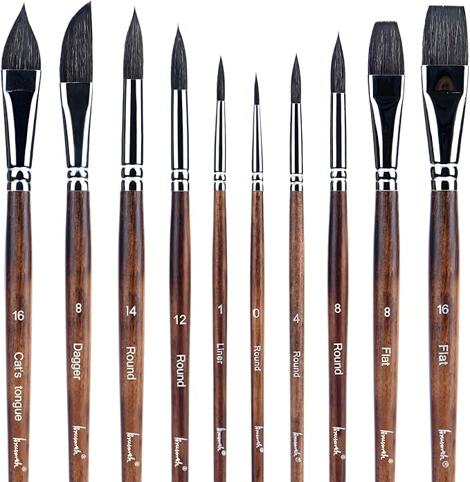 Professional Watercolor Brushes,10 Pcs Synthetic Squirrel Hair Water Color Paint Brush Set for Artists - Flat,Dagger,Round Pointed,Cats Tongue Oval Wash for Watercolor Gouache Painting