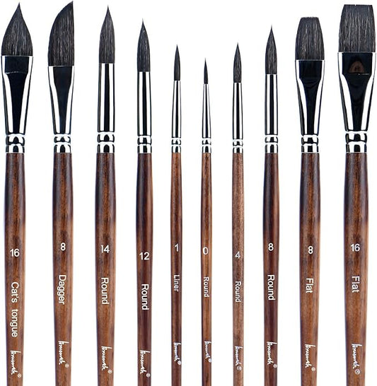 Professional Watercolor Brushes,10 Pcs Synthetic Squirrel Hair Water Color Paint Brush Set for Artists - Flat,Dagger,Round Pointed,Cats Tongue Oval Wash for Watercolor Gouache Painting