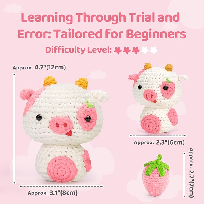 Mewaii Crochet Kit for Beginners Level 3 with 40% Extra Eco-Friendly Pre-Started Easy Yarn, Step-by-Step Video Tutorials for Adults and Kids (Strawberry Cow)