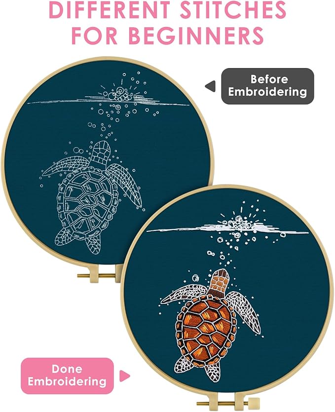 TINDTOP Embroidery Kit for Beginners Adult, Turtle Embroidery Practice Kit for Beginners Include Embroidery Cloth Hoops Threads for Craft Lover Hand Stitch with Embroidery Skill Techniques