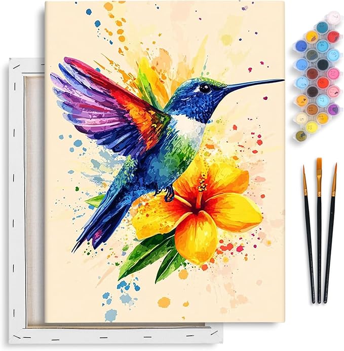 Yezavesu Framed Paint by Numbers Kit for Adults Beginner, 12x16 Inch Hummingbird Paint by Numbers with Frame, DIY Watercolor Number Painting for Adults Hummingbird for Home Wall Decor Gift