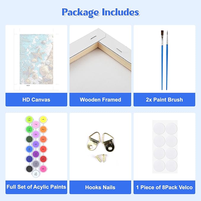 GHHKUD Starfish Paint by Numbers with Frame for Adults Beginners, DIY Seaside Landscape Paint by Numbers for Age 6-12, Art on Canvas Gifts Home Wall Decor 8x12in