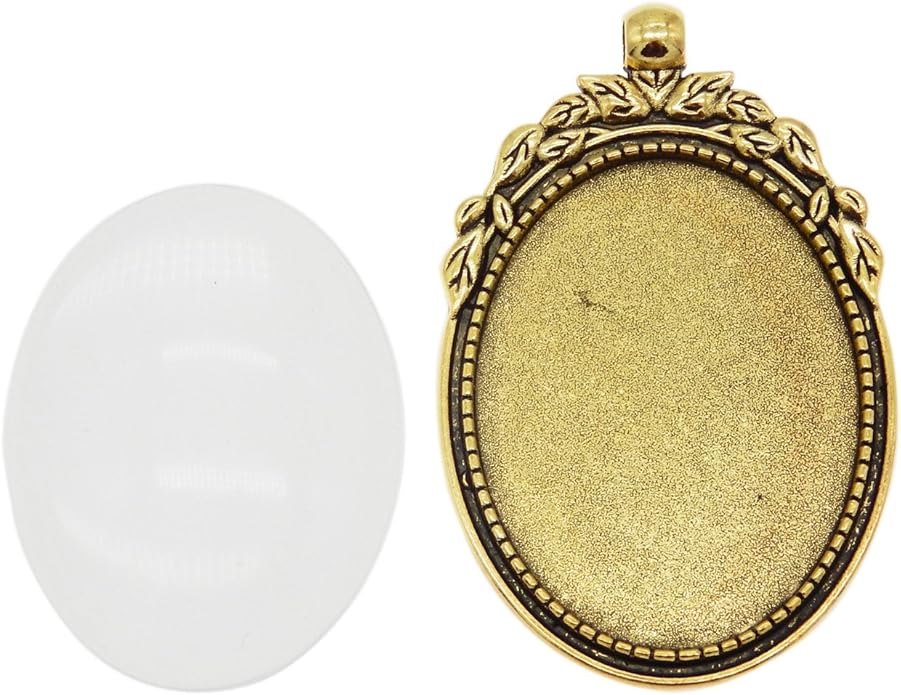 Julie Wang 10 Sets Oval Antiqued Gold Color Blank Photo Setting Bezel Tray Pendant with Clear Glass Cabochons for Necklace Jewelry Making Charms Resin Crafts DIY Supplies