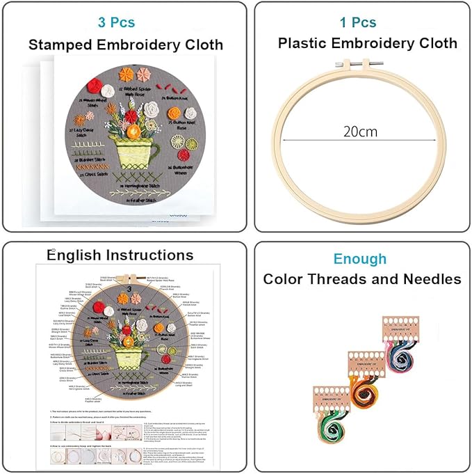 konrisa embroidery kits for adult beginners, stamped embroidery starter kit with flower pattern, diy sewing needlepoint kits, cross stitch practice kit,3 pcs embroidery pattern, include 1pcs hoop