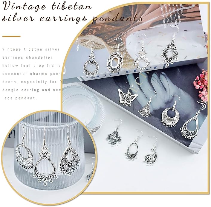 JIALEEY Antiqued Tibetan Silver Earring Chandelier Earring Jewelry Making Kit for Earring Drop and Charm Pendant Assorted Pack (30Pair 60Pcs)
