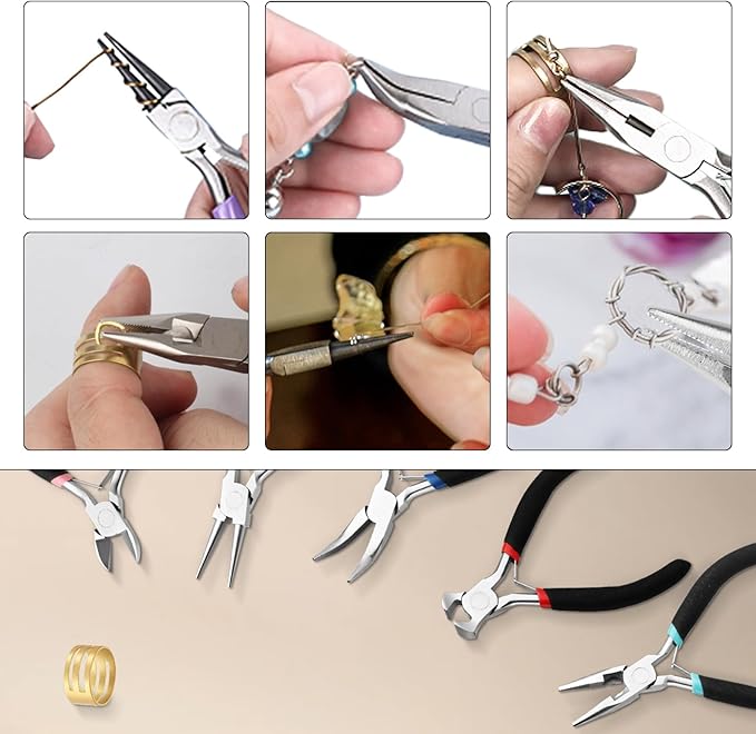 5 pcs jewelry making pliers tools with needle/chain nose pliers, wire cutters round nose, bent nose-matte handle,jewelry making supplies for adults