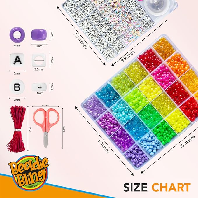 4000+Pcs Pony Beads Bulk, 6*9mm| Friendship Bracelet Making Kit with Assorted Color Plastic Beads in 2 Storage Boxes with 20m Crystal, 30m Elastic String, 3X Braided Ropes & Scissor| Ideal for Jewelry