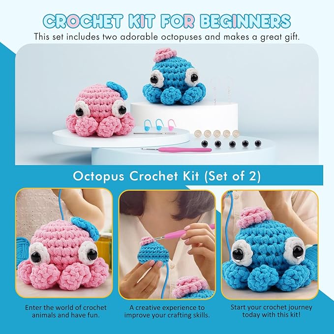 Vanttokeey Crochet Kit for Beginners, Animal Amigurumi Crochet Kits Included, Step-by-Step Video Tutorials, Beginner Crochet Kit for Adults and Kids, DIY Easy Crochet Crafts (Octopus)