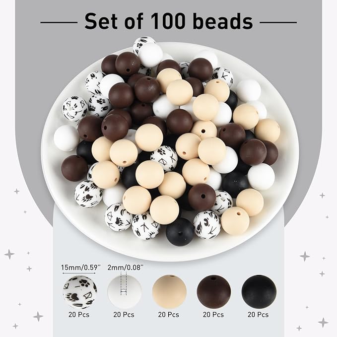 ASTARON 100 Pcs 15mm Silicone Beads for Keychain Making, Black Brown Beads Bulk Round Beads for Bracelets Crafts Beadable Pens Decorations Jewelry Making Supplies