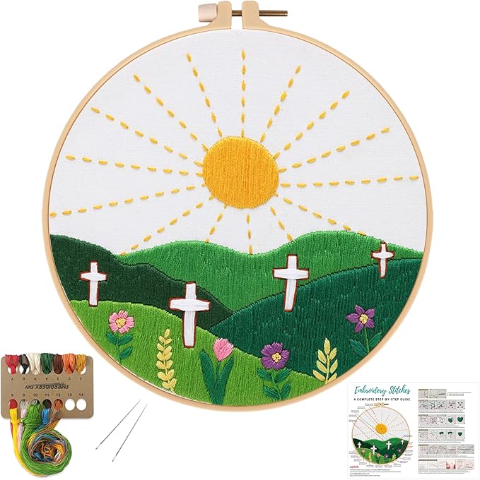 Louise Maelys Embroidery Kits for Beginners,Cross Stitch Kit for Adults,DIY Needlepoint with Easter Christian Sunrise Flowers Pattern