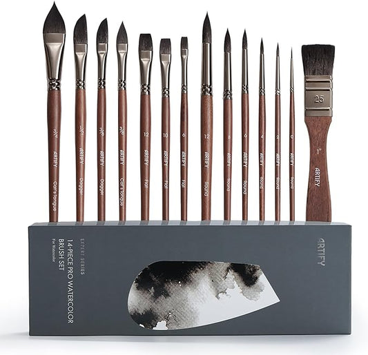 Artify Watercolor Brushes Professional, 14pcs Watercolor Paint Brush Set, Mixed Squirrel Hair - Balanced Spring & Water Absorption, Round/Flat/Filbert/Angled/Liner Tips, for Watercolor, Gouache