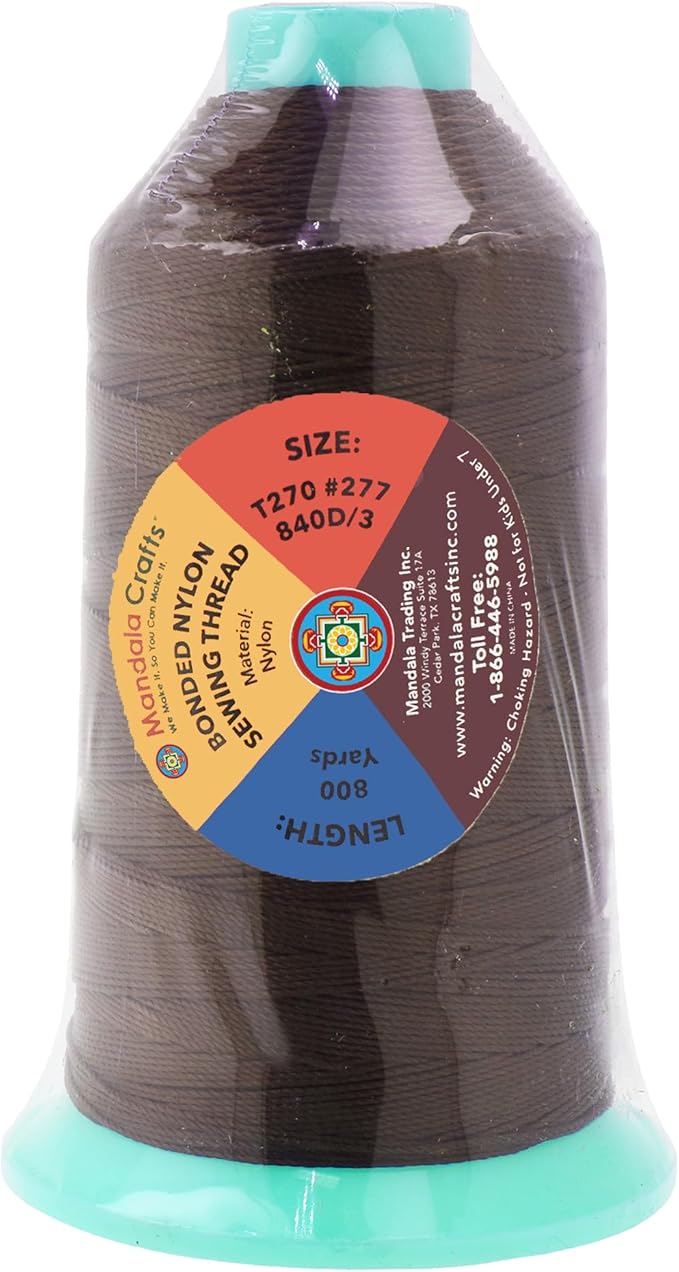 Mandala Crafts Size 277 840D T270 Bonded Nylon Thread - Dark Brown 800 YDs Tex 270 Heavy Duty Sewing Threads for Leather, Jeans, Weaving, Outdoor Marine Upholstery