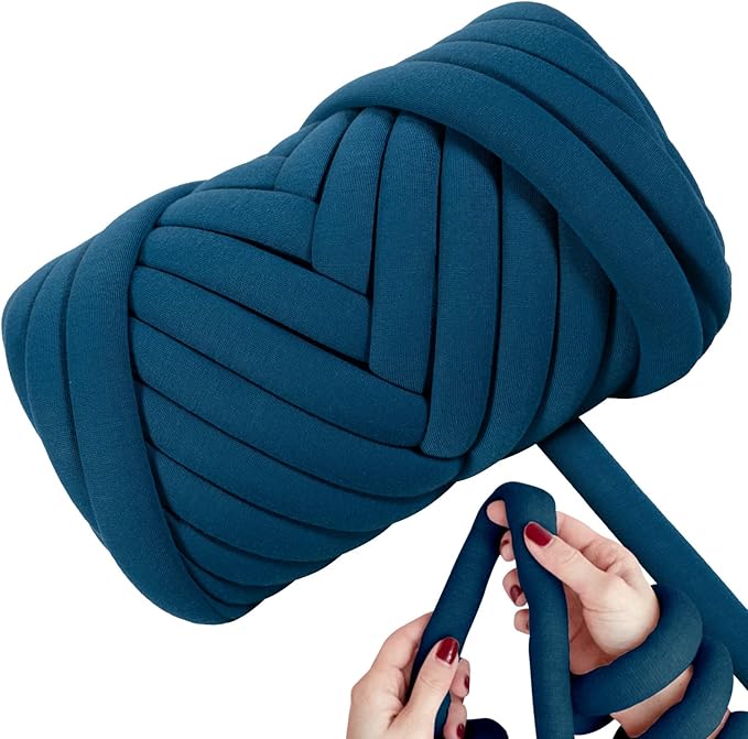 Light Weight Ultra Soft 2.2 LBS (1 kg) Chunky Yarn for Hand Knitting, Lush Polyester Fabric Tube Yarn to Make Handbags, Pillows, Blankets, Crafts (Denim Blue)