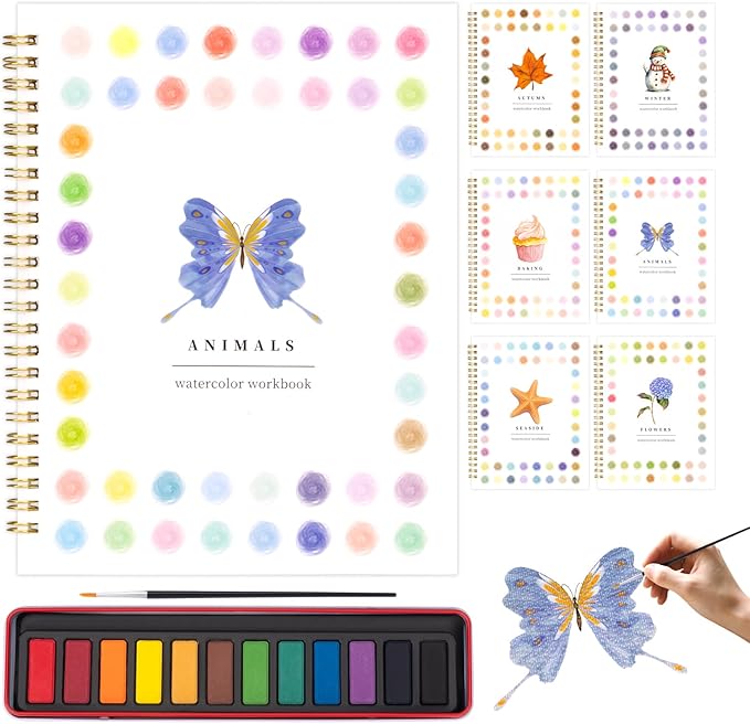 Metyond Beginner Watercolor Workbook Kit - Watercolor Painting Kit with 1 Workbook 12 Colors Paint Set with Brush, Beginner Friendly Watercolor Paint Set Gift for Adults Teens (Animals)