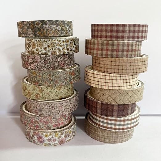16Rolls Vintage Washi Tape Set, Plaid washi Tape Thin Decorative Tapes for Arts, DIY Crafts, Journals, Planners, Wrapping Tapes for Scrapbook Supplies,Bullet,Gift Wrapping