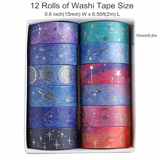 12 Rolls Galaxy Washi Tape Set, Gold Foil Decorative Masking Tape for Scrapbooking, Journal, Planner, DIY Crafts, Gift Wrapping