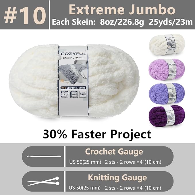 Chunky Yarn for Hand Knitting - #10 Chunky Chenille Yarn, Jumbo Big Thick Chunky Yarns for Crocheting, Super Bulky Chunky Knit Blanket Yarns, 8 Skein (25yd, 8oz/Skein), Cream & Multi Purple