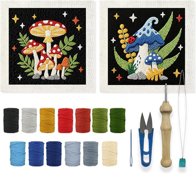 INFUNLY 2PCS Mushroom Punch Needle Kit for Beginners Art Night Mushroom DIY Punch Needle Embroidery Starter Kit Handcraft Needlepoint Set with Plant Pattern Instruction for Festival Gift Home Decor