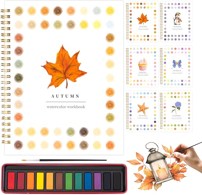 Metyond Beginner Watercolor Workbook Kit - Watercolor Painting Kit with 1 Workbook 12 Colors Paint Set with Brush, Beginner Friendly Watercolor Paint Set Gift for Adults Teens (Autumn)