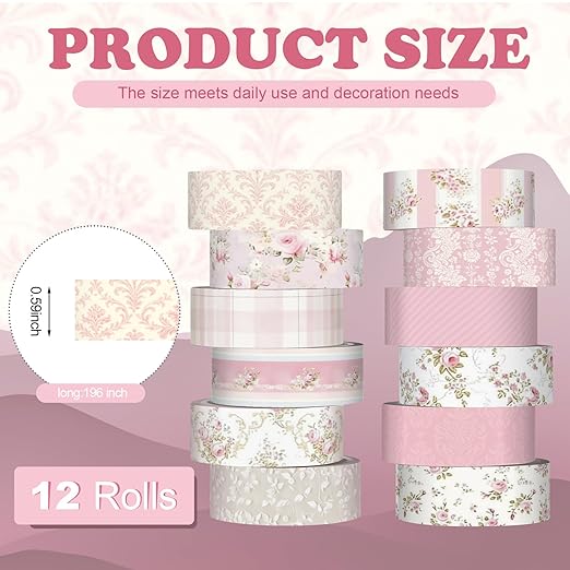 12 Rolls Watercolor Floral Washi Tape Set 15 mm Vintage Flower Decorative Masking Tape for Spring Arts DIY Craft Scrapbook Journal Supplies Gift Wrapping(Pastel Pink,Tea Party)