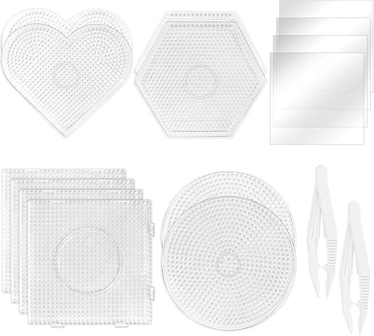 BILLIOTEAM 10PCS (4 Shapes) Fuse Beads Pegboards Boards with 2Pieces Tweezers and 6Pieces Lroning Paper,5mm Clear Plastic Pegboards Set Kit for Kids Craft Supplies Beads