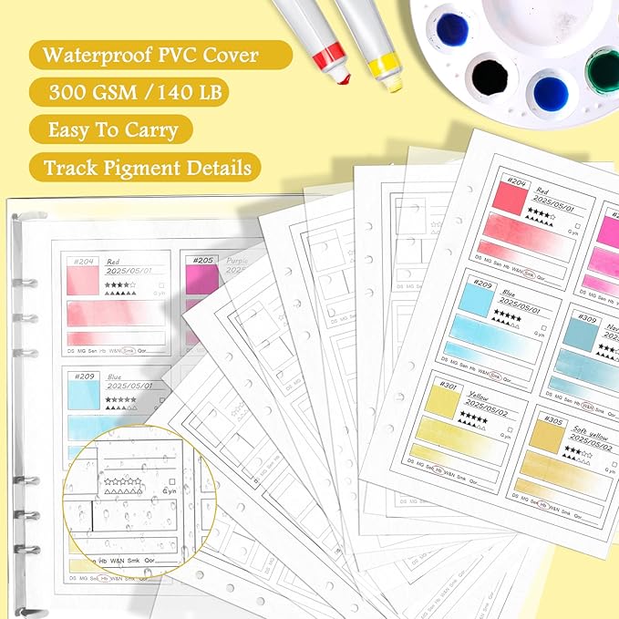 2 Pack A5 Watercolor Swatch Book Painters Color Diary Watercolor 15 Sheets Water Water Color Paper for Artists 140lb 100% Cotton 16 Sheets Glassine Coloring Book Binder for 6 Ring
