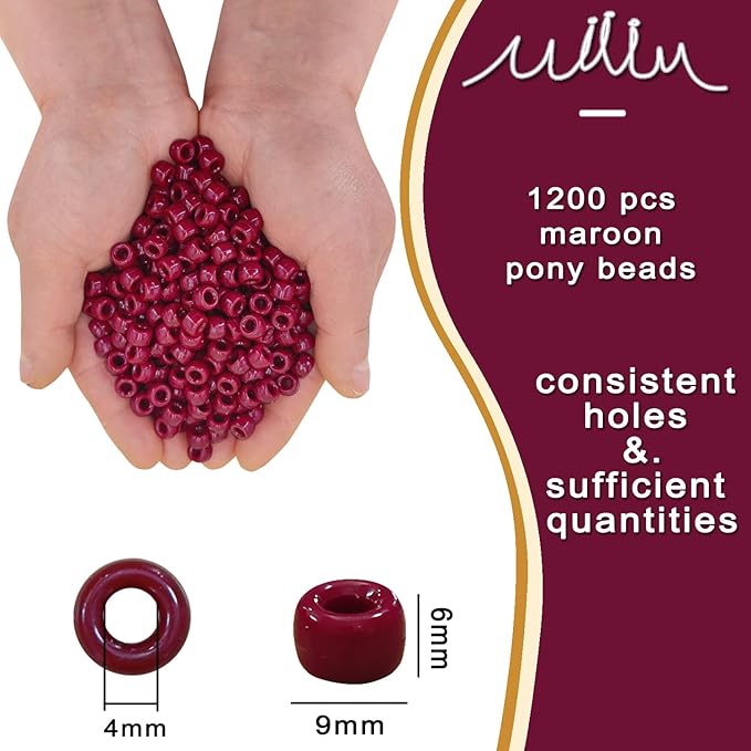 MIIIM 1200PCS 6x9mm Maroon Pony Beads Bulk, Kandi Beads for Bracelets Making Kit, Hair Braids Crafts for Jewelry Making (Maroon)