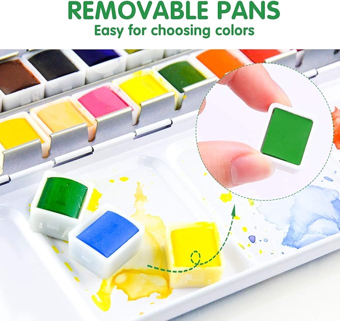 48-Color Solid Watercolor Set for Adults - 20pcs Watercolor Papers,2pcs artist brushed,2pcs water pens,Sponge & Cleaner - Perfect Travel Watercolor Kit for Artist,Beginners,Painting Lovers