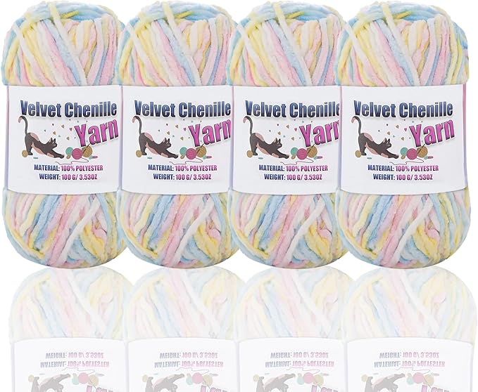 4 * 100g Fluffy Velvet Chenille Yarn for Crocheting and Knitting, Handcrafts Weaving Soft Chenille Yarn for Crocheting Clearance, Used for Making Baby Yarn Blanket, Clothes, DIY Craft (Colorful-C)