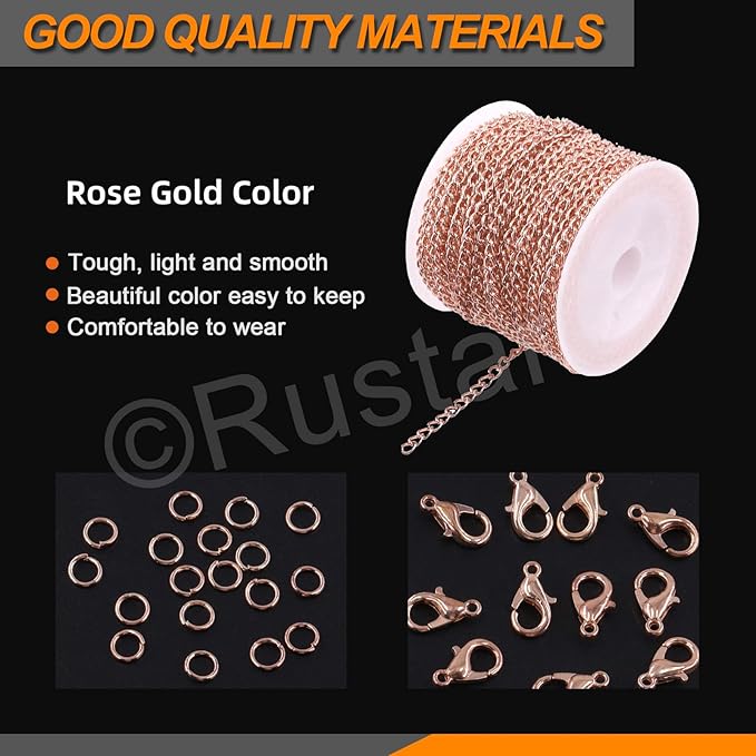Rustark 102Pcs 4mm 30 Feet Rose Gold Jewelry Making Chains Kit Thin Necklace Bracelet Chain Twisted Links Curb Chain with Jump Rings Lobster Clasps and Pliers for Bracelet Necklace Jewelry Making