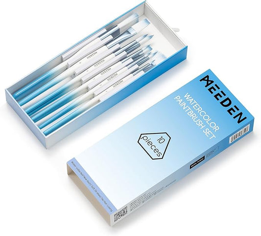 MEEDEN Watercolor Paint Brush Set: 10 Pcs Art Painting Brushes with Flat Round Detail Types - Artist Paint Brushes for Adult Beginner Watercolor Gouache Inks Painting