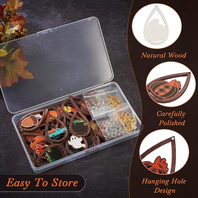 32pcs Halloween Teardrop Wooden Earring Charms Big Hollow Wood Cutouts with Pumpkin & Ghost & Witch Printed for Necklace Keychain DIY Jewelry Craft Making